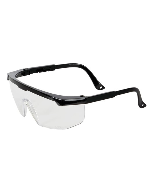 Clear safety glasses with a black frame, featuring a sleek design and a logo on the side. Pack of 12. Clear safety glasses with a black frame, featuring a sleek design and a logo on the side. Pack of 12.