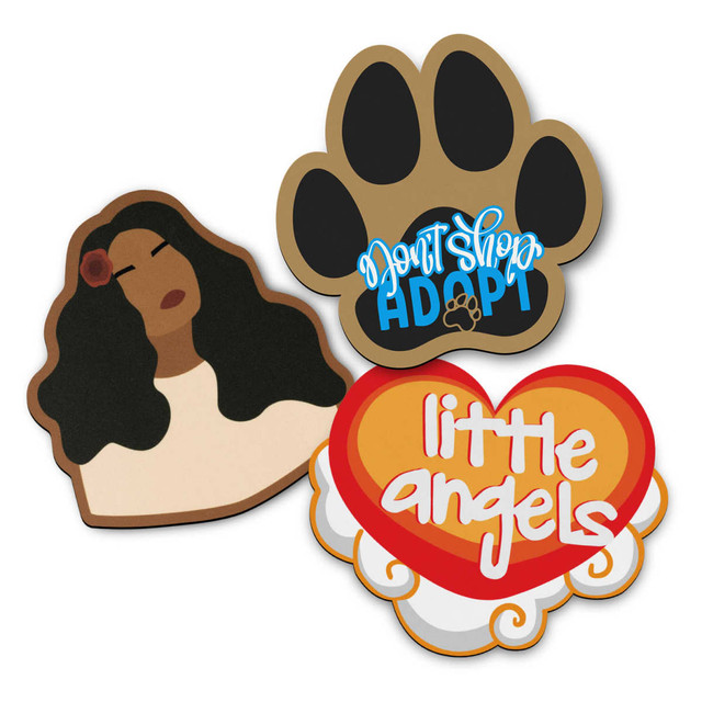 Three custom mouse mats featuring various designs: a silhouette of a woman, a paw print, and a heart with text, in multiple colours. Three custom mouse mats featuring various designs: a silhouette of a woman, a paw print, and a heart with text, in multiple colours.
