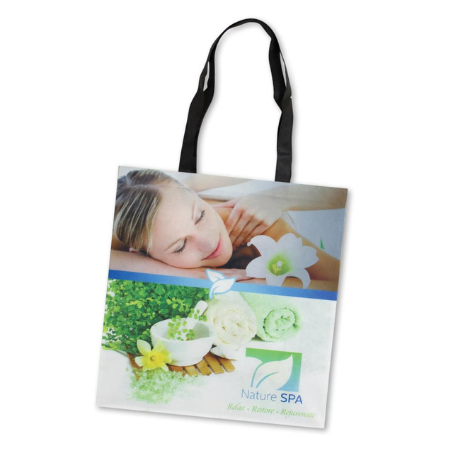 A tote bag featuring a relaxing spa theme with greens and soft floral designs, including a logo. Black handles. A tote bag featuring a relaxing spa theme with greens and soft floral designs, including a logo. Black handles.