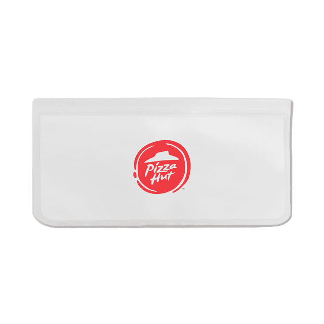 A white PEVA reusable food storage bag with a red logo, suitable for lunch or snacks.
