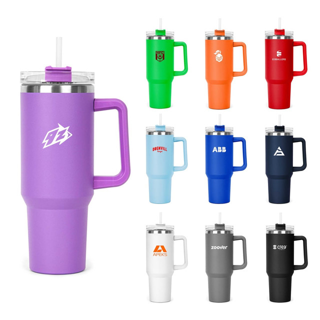 A drink bottle collection featuring various coloured 1.2L mugs, each with a straw and a handle, and some with logos. A drink bottle collection featuring various coloured 1.2L mugs, each with a straw and a handle, and some with logos.