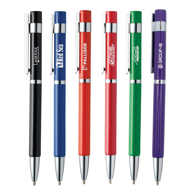 A set of six plastic pens in black, blue, red, green, purple, and orange, featuring various logos.