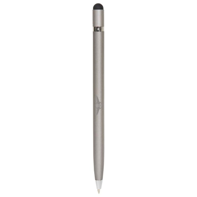 A sleek silver metal pen with a stylus tip, featuring a logo and a smooth finish.
