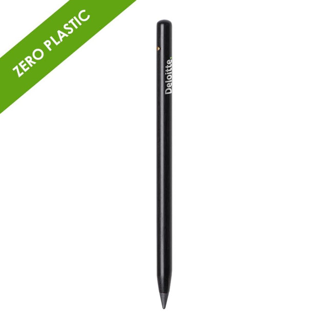 A black graphite pencil with a pointed tip and a logo, designed without plastic materials. A black graphite pencil with a pointed tip and a logo, designed without plastic materials.