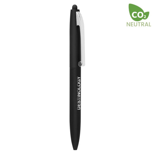 A black stylus pen with a silver clip, featuring a logo on the barrel. A black stylus pen with a silver clip, featuring a logo on the barrel.