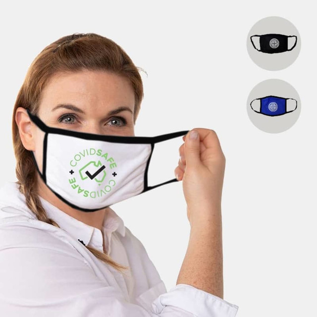 A woman holds a white cotton face mask featuring a logo, with black and navy masks displayed beside her. A woman holds a white cotton face mask featuring a logo, with black and navy masks displayed beside her.