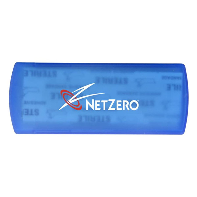 A blue bandage dispenser with a logo, featuring a smooth surface and a rectangular shape.