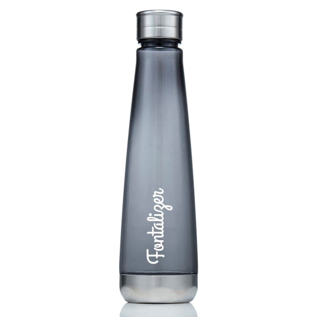 A drink bottle in a sleek grey design with a metallic top and a logo visible on the body.