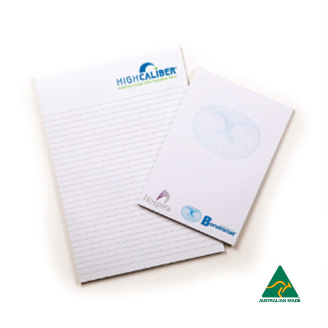 A4 notepad featuring 25 lined leaves, with a white background and a logo. Australian made symbol included. A4 notepad featuring 25 lined leaves, with a white background and a logo. Australian made symbol included.