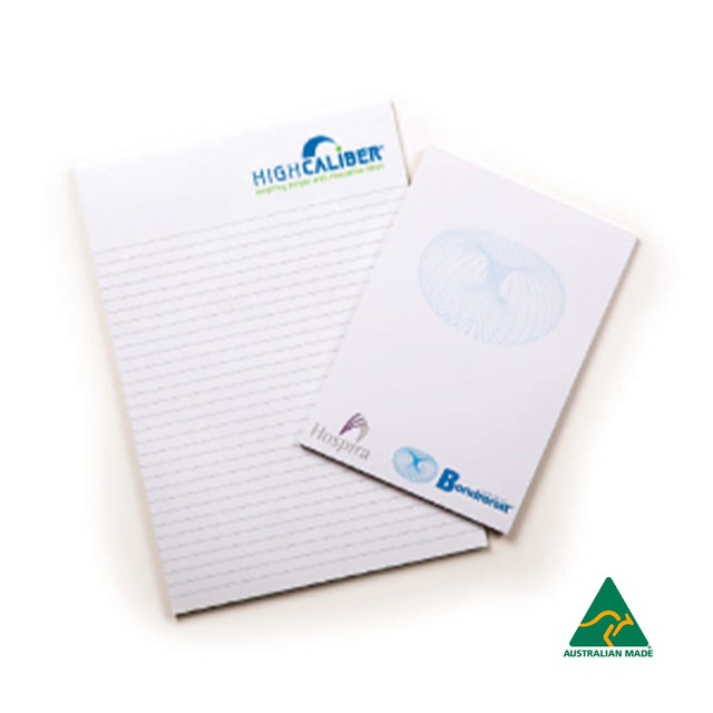 A4 notepad featuring 50 lined leaves, white colour, and includes branding elements. Australian made. A4 notepad featuring 50 lined leaves, white colour, and includes branding elements. Australian made.