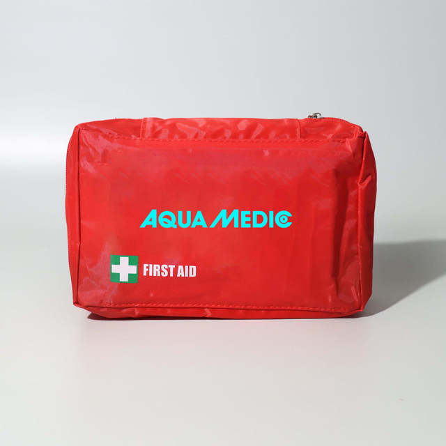 A red first aid kit featuring a logo, designed to hold 45 pieces for health and personal care.