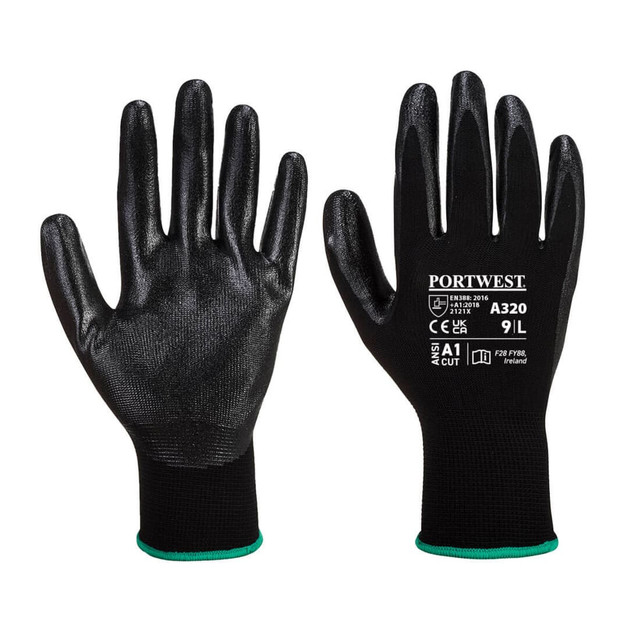 A pair of black Dexti-Grip gloves with textured palms and a breathable design, featuring a visible brand logo.