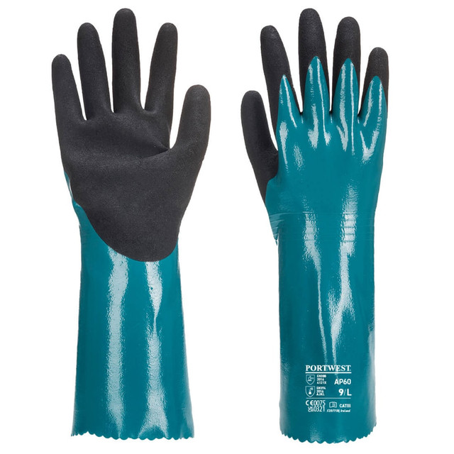 A pair of teal gloves with textured black palms, featuring a logo on one side.