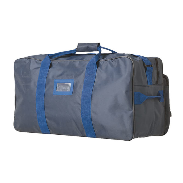 A navy duffle bag with blue straps and a side pocket. It features a logo and a rectangular identification window.