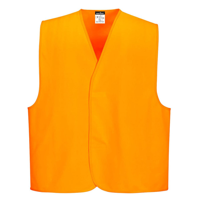 An orange hi-vis vest with a sleeveless design, featuring a simple cut and a label inside.