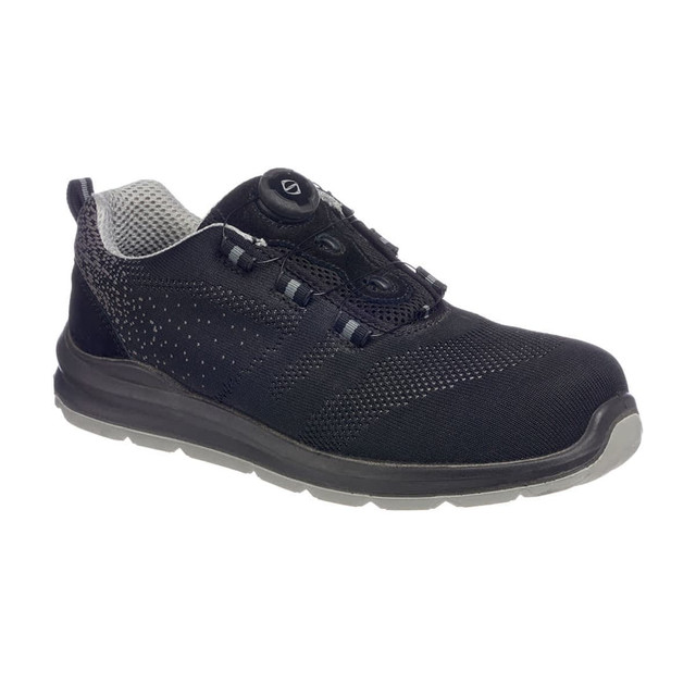 A black Wire Lace Safety Trainer S1P with a textured upper and a grey sole, featuring a branded logo.