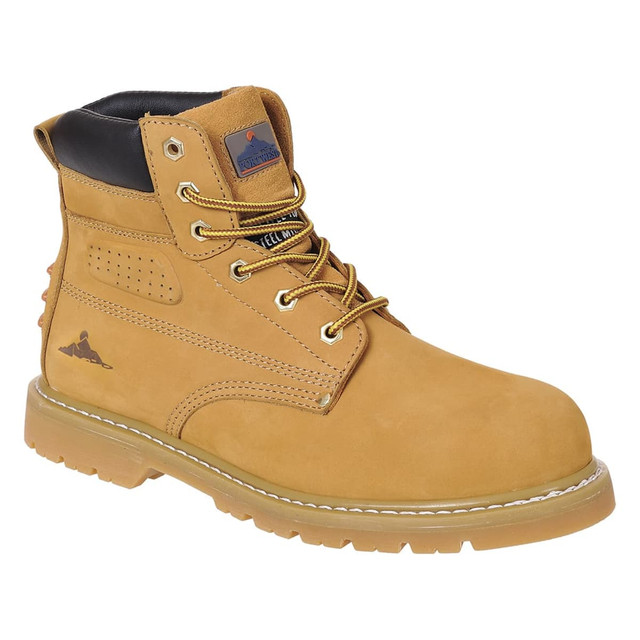 A tan welted boot with black accents and gold laces, featuring a logo on the side.