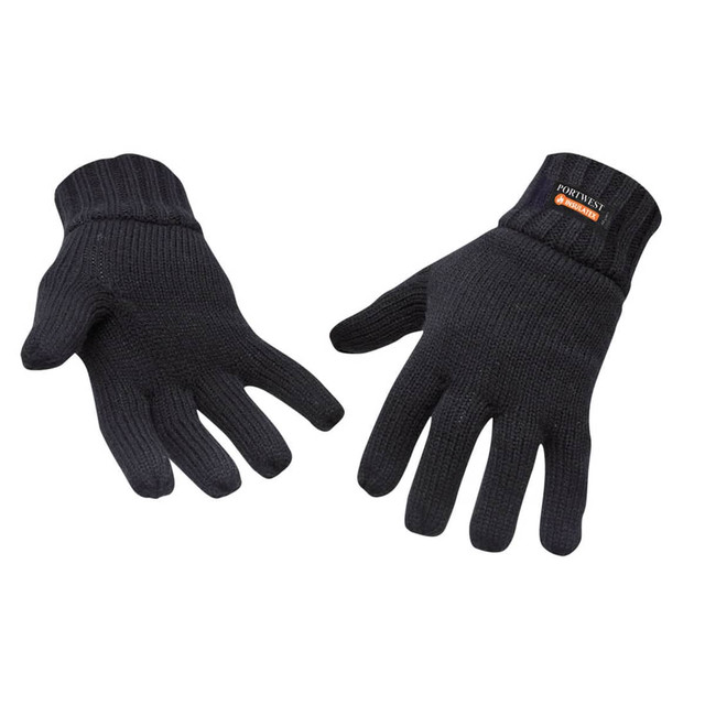 A pair of black knit gloves with a ribbed cuff and a logo on one cuff.