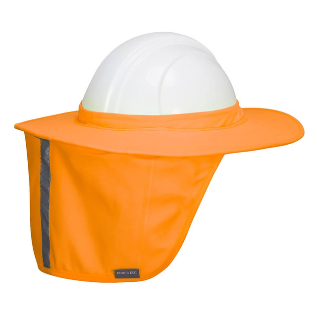 A bright orange full brim shade designed for safety wear, featuring a hard hat and reflective strips.