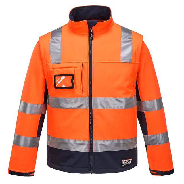 An orange softshell jacket featuring reflective stripes and a chest pocket. The jacket has a logo on it.