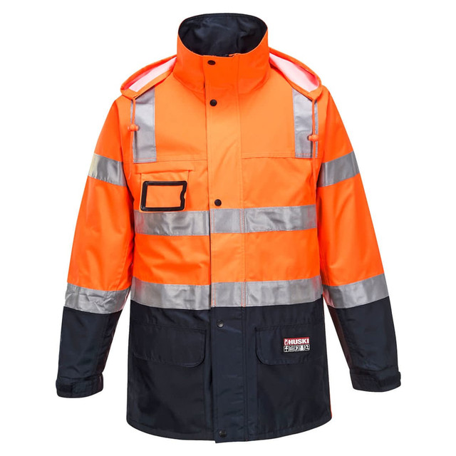 A high-visibility rain jacket in orange and navy, featuring reflective stripes and one chest pocket.