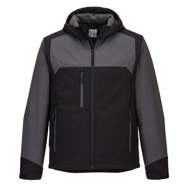 A hooded softshell jacket in black and grey, featuring multiple zippered pockets and a logo.