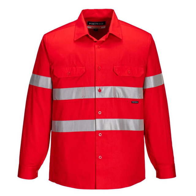 A red open front shirt with reflective stripes and two chest pockets. It has a logo on the label.