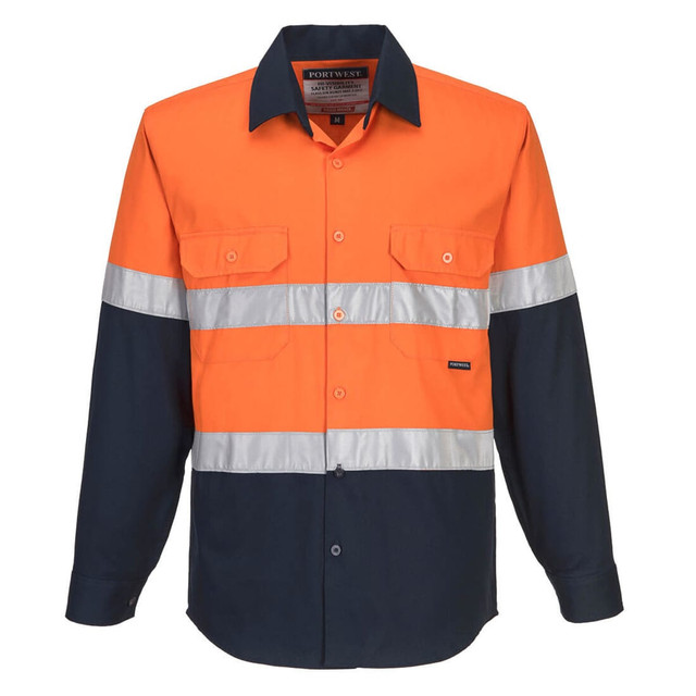 A long-sleeve industrial work shirt in orange and navy blue, featuring reflective stripes and a logo.