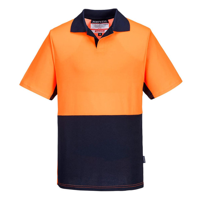 A bright orange and navy blue polo shirt with a collar, featuring a logo. Designed for workwear.