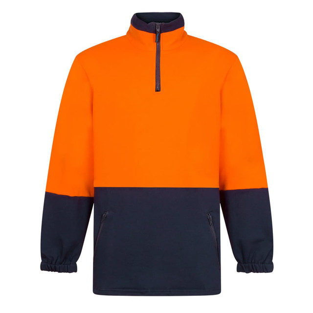 A cotton fleece jumper in bright orange and navy, featuring a zip neck and elasticated cuffs. It has a logo on it.