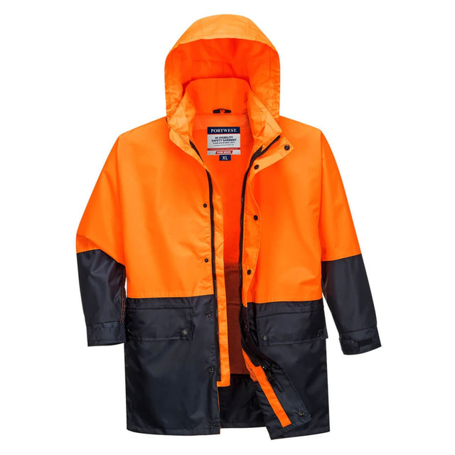 A two-tone jacket featuring bright orange and black colours, with a hood and a front zipper. It includes a branding logo.