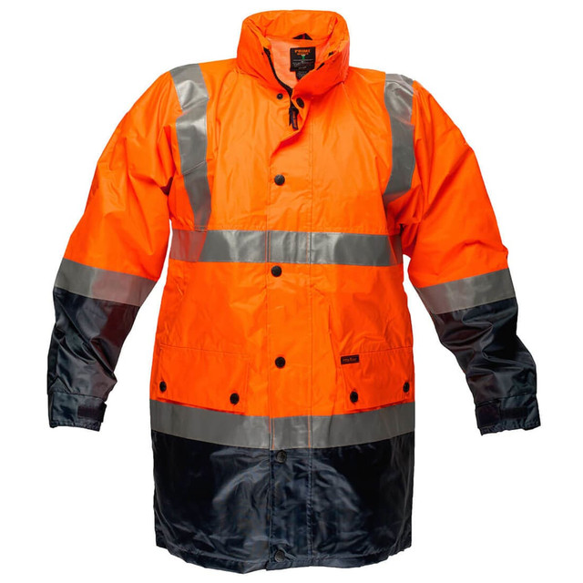 A Hi-Vis 2-Tone Jacket in bright orange and black, featuring reflective strips and a branded label.
