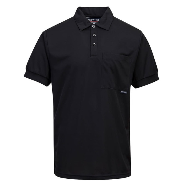 A black Micro Mesh Polo Shirt with short sleeves, featuring a pocket and a logo on the hem.