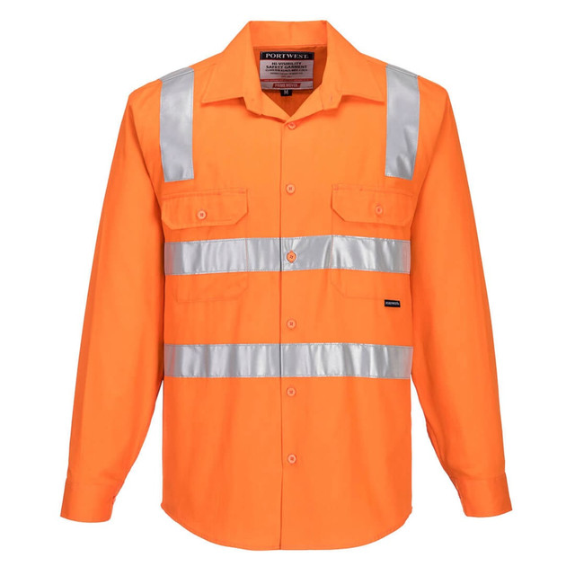 An orange button-up shirt with silver reflective stripes and two front pockets, featuring a logo.