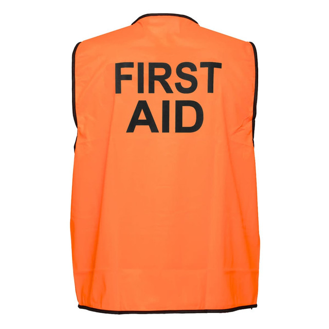 A high-visibility orange vest with black lettering indicating "FIRST AID," featuring a simple design and no visible logos.