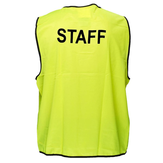 A hi-visibility vest in bright yellow with black trim and "STAFF" text on the back. It features a logo.