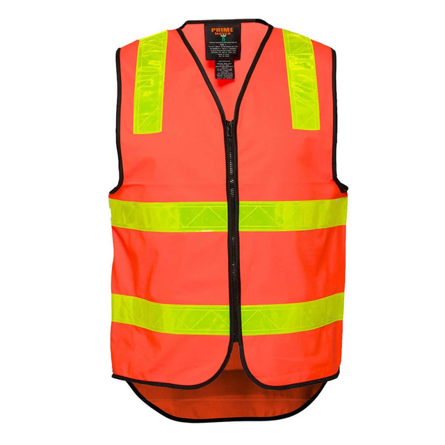 A high-visibility vest in bright orange with reflective yellow stripes and a front zipper, featuring a logo.