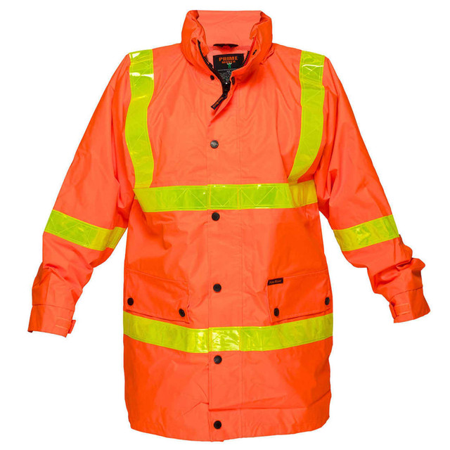 A high-visibility orange jacket with reflective stripes and a logo. It features a front zipper and a collar.