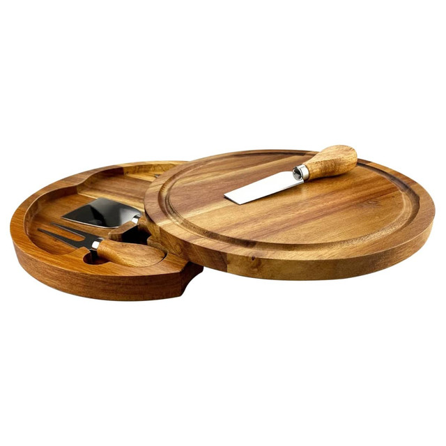 A round wooden cheeseboard with a knife set, featuring a detachable section for storage, in warm wood tones.