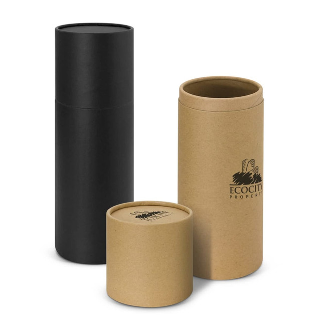 A drink bottle gift tube set featuring a black tube and two brown cardboard tubes, one tall and one short.