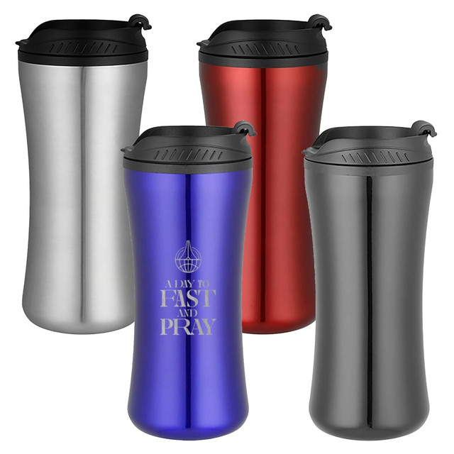 A set of four travel mugs in silver, red, blue, and black, each with a large, curved design and a lid.