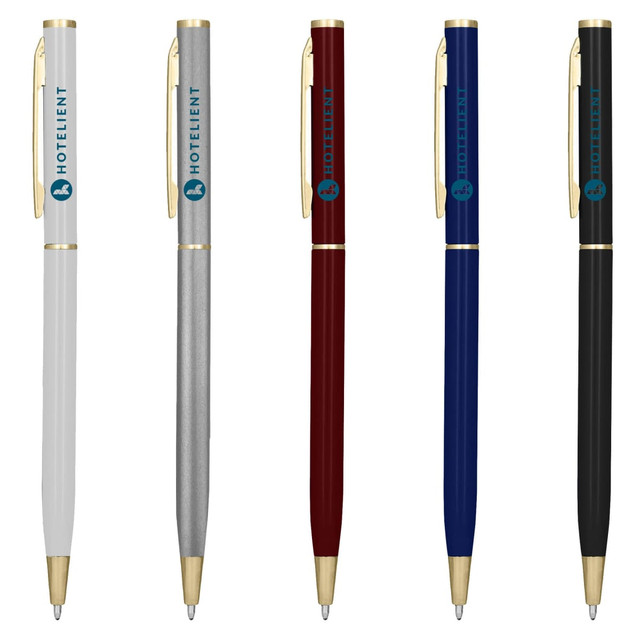 A selection of metal pens in white, silver, red, blue, and black, all featuring a logo.