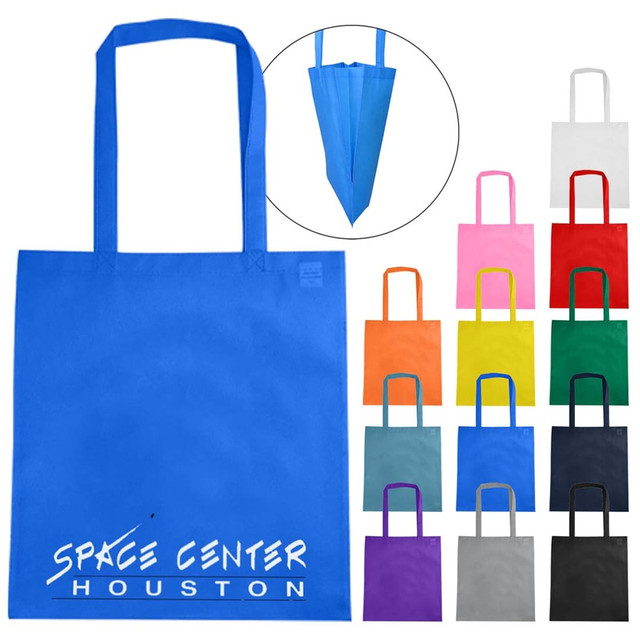 A blue non-woven tote bag with long handles and a triangular gusset, featuring a logo. Available in various colours.