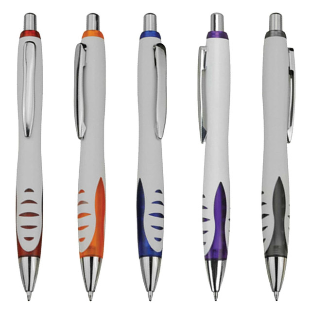 Five plastic pens in white with assorted coloured grips—orange, blue, purple, and grey, featuring a logo.