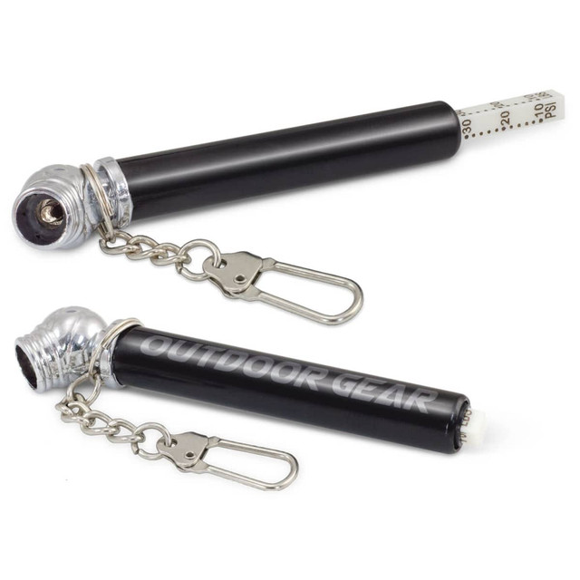 A black tyre pressure gauge key ring with a silver clip and measuring scale, featuring a branded logo.