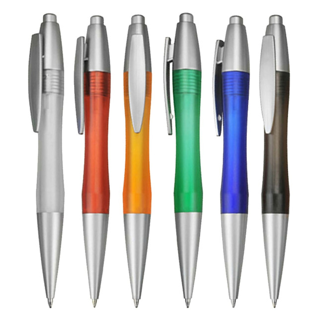 A selection of six plastic pens in silver, orange, green, blue, and brown with silver accents and clips.