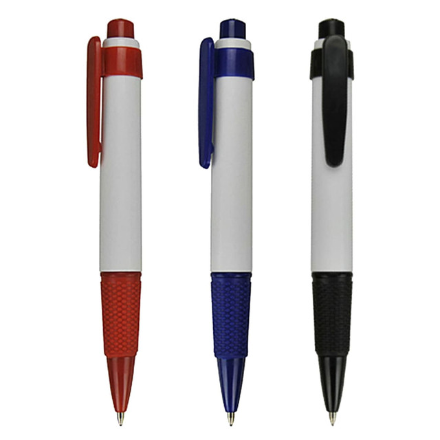 A set of plastic pens in red, blue, and black, featuring grip sections and clips, with a logo on each.