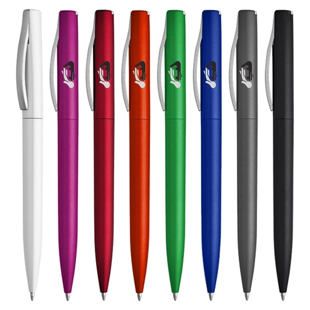 A selection of plastic pens in white, red, purple, orange, green, blue, black, and grey, each with a logo.