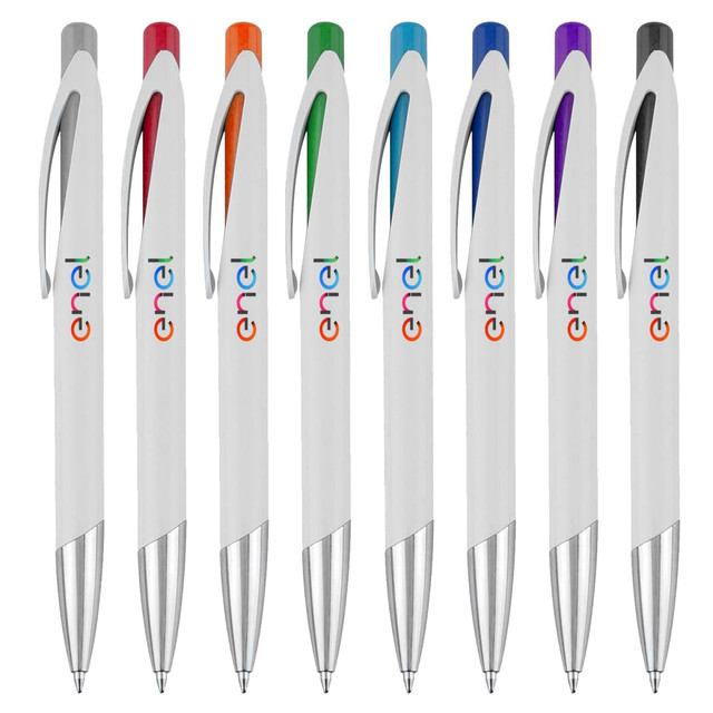 A collection of eight plastic pens in white with various coloured tops: orange, green, blue, purple, and more. Each has a branding logo.