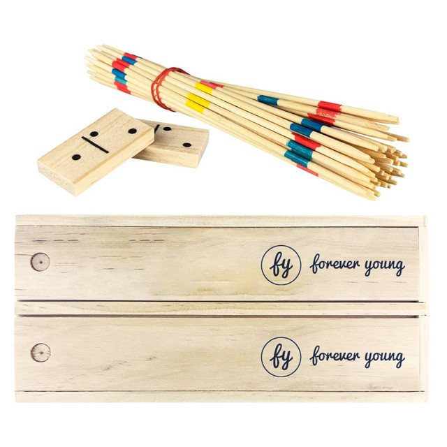 A wooden play set featuring colourful pick-up sticks and a set of dominoes, all in a natural wood finish.